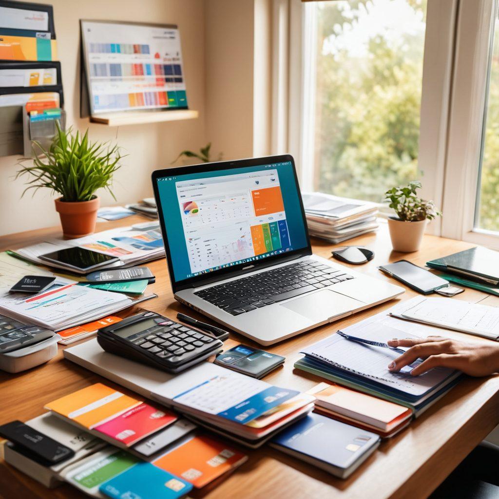 A dynamic composition depicting a person managing their finances at a sleek, modern desk, surrounded by colorful credit cards, a laptop displaying financial graphs, and a notepad filled with budgeting tips, all set against a backdrop of a peaceful, sunny home office. The focus is on organization, clarity, and empowerment in financial management. super-realistic. vibrant colors. modern interior design.