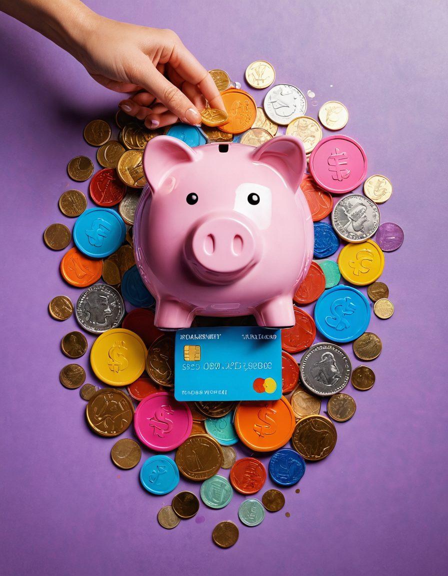 A hand holding a credit card surrounded by vibrant coins and saved money symbols, depicting transformation and management of finances. Incorporate a visual metaphor of a path leading towards a piggy bank at the end, symbolizing savings. Use bright and engaging colors to create a sense of positivity and empowerment. super-realistic. vibrant colors. white background.